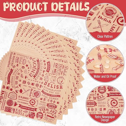 Outus 1000 Pcs 12 x 12 Inch Deli Wax Paper Sheets Grease Resistant Tray Basket Liners Newsprint Paper Water and Grease Proof Sandwich Wrapping Square Hot Dog Wrappers for Food Baking (Red on Brown)