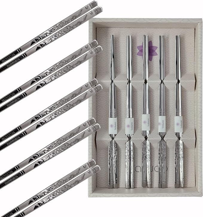 Chopsticks [Made in Korea][5 Sets] 430 Premium Stainless Steel Chopsticks, Mukbang Kitchen Utensil, Cutlery Silverware Stainless Tableware (Crane)