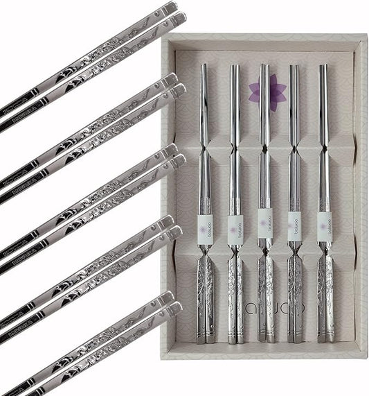 Chopsticks [Made in Korea][5 Sets] 430 Premium Stainless Steel Chopsticks, Mukbang Kitchen Utensil, Cutlery Silverware Stainless Tableware (Crane)