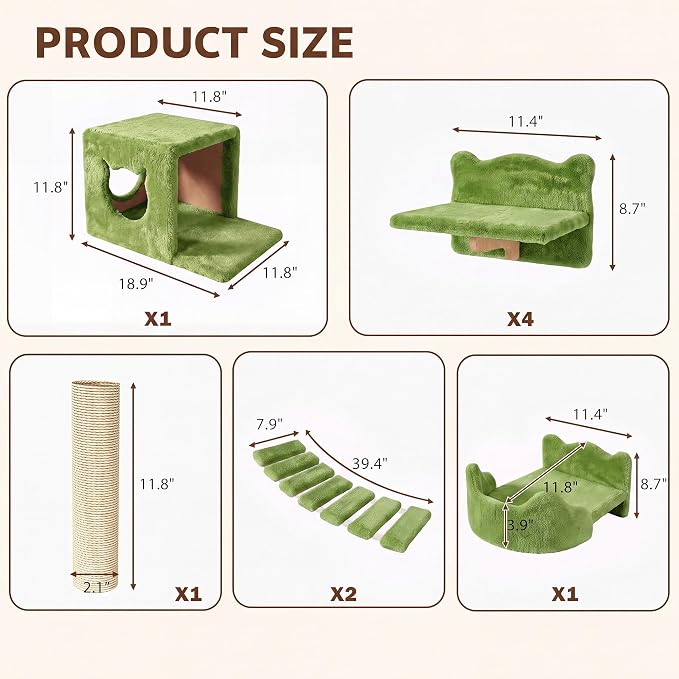 Cat Wall Furniture, 9 in 1 Cat Wall Shelves Set with Bridge, Green | Wall Mounted Cats Shelf for Space-Saving, Multi-Level Cat Climbing Systems for 16 Inch Drywall, with Scratching Posts, Condos