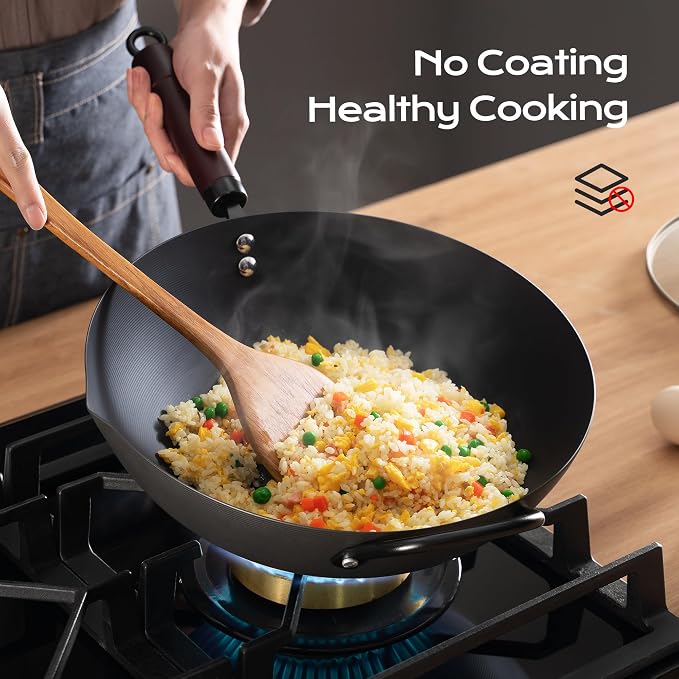 FGJ Wok, 13 Inch Carbon Steel Wok Pan Set 6PCS & Stir-fry Pans Nonstick, Pre-Seasoned 5.8QT Flat Bottom Chinese Woks Roasting Pan Set, Carbon Steel Cookware, Compatible with All Cooktops