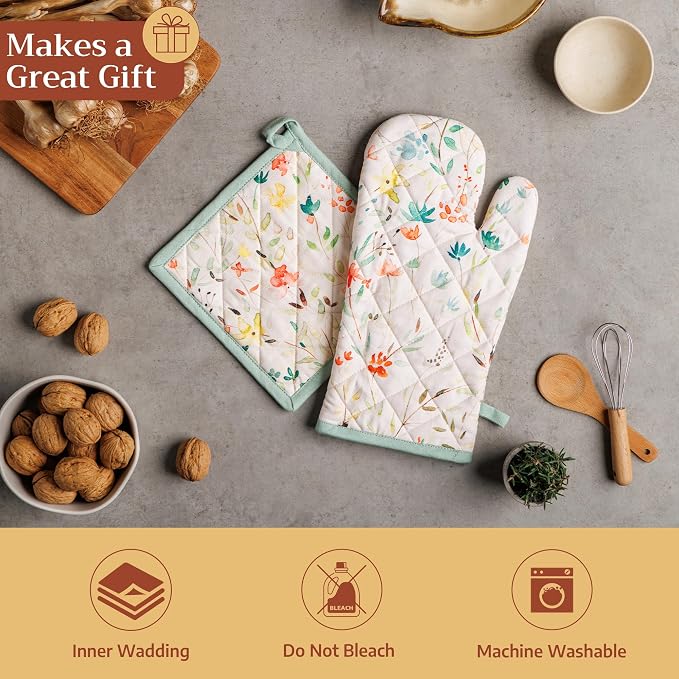 Maison d' Hermine 100% Cotton Oven Mitt & Pot Holder Set (7.5"x13" & 8"x8") | Heat Resistant BBQ Cooking Gloves with Loop Baking Grilling Kitchen Hotel Home Farmhouse Spring Summer - Colmar