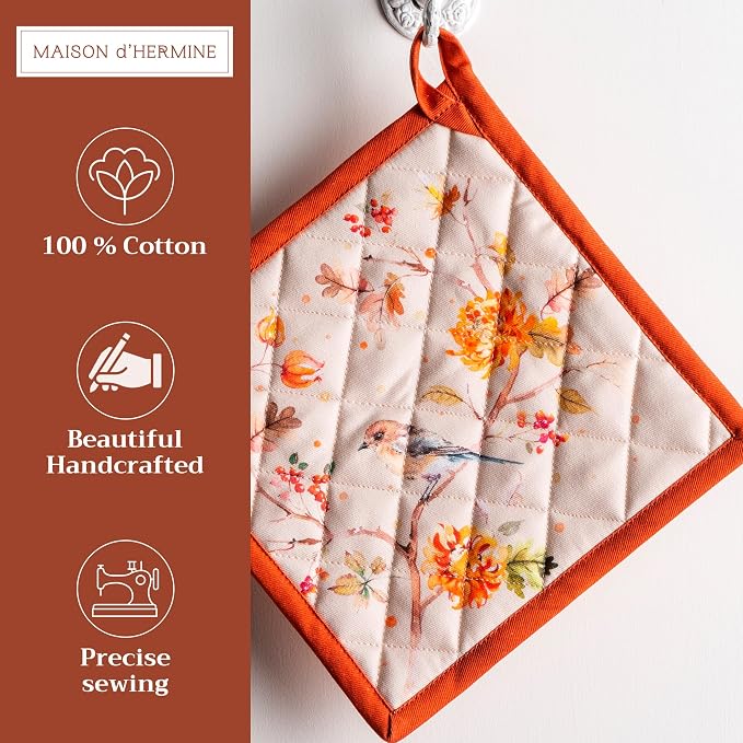 Maison d' Hermine Pot Holders 100% Cotton Potholders (8" x 8", Pack of 2) | Heat Resistant Hot Pads with Loop BBQ Cooking Baking Hotel Kitchen Handling Hot Pans Thanksgiving Christmas - Kelim - Prairie