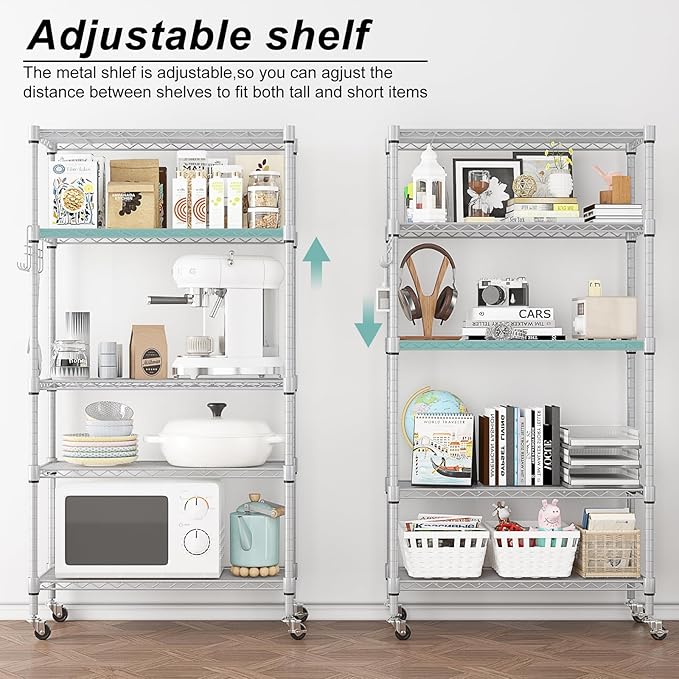 Himimi 5-Tier Storage Shelf Wire Shelving Unit on Wheels, Adjustable Heavy Duty Metal Shelves with Side Hooks, Steel Rack Organization for Kitchen Garage Basement, Silver
