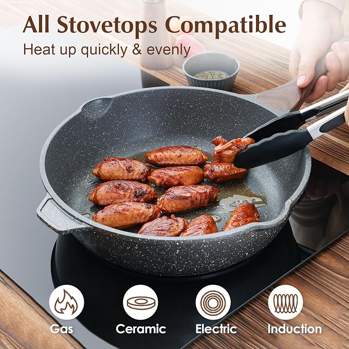 SENSARTE Nonstick Deep Frying Pan Skillet, 12-inch Saute Pan with Lid, Stay-cool Handle, Chef Pan Healthy Stone Cookware Cooking Pan, Induction Compatible, PFOA Free (Pack of 2)