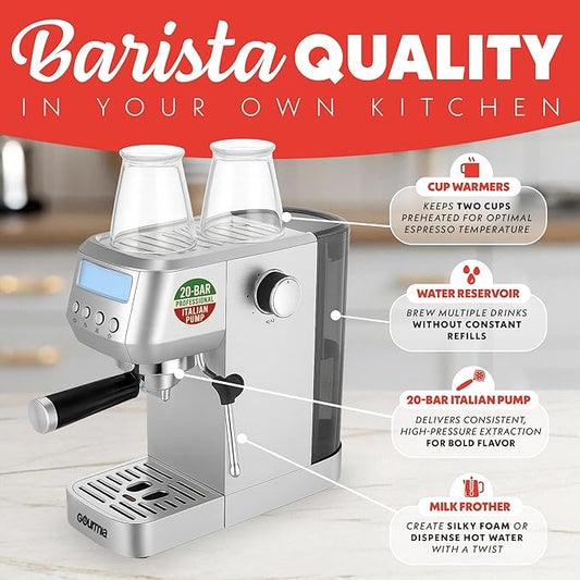 Gourmia Slim Espresso Machine – 20-Bar Pump, LCD Display, Milk Frother, Adjustable Temperature, Manual & Auto Brew for Single/Double Shots, 1350W, Stainless Steel