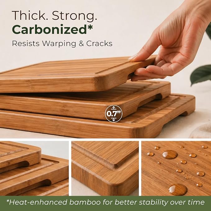 Wooden Cutting Board Set of 3 – Bamboo Wood Cutting Boards for Kitchen | with Deep Juice Grooves & Built-In Handles – Large, Non-Toxic, Easy to Clean Chopping Boards for Meat, Vegetables & Fruits