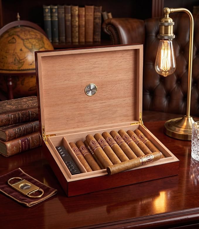 Humidor Cigar Box Holds 20 Cigars, Seal Lid Closure, Spanish Cedar Wood Travel Storage Cigar Case with Removable Divider, Humidifier and Golden Hygrometer, Gift for Man, Sapele Cherry Finish