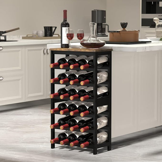 MOGELAFOO 6 Tier Bamboo Wine Rack Freestanding Floor, 24 Bottles Wine Storage Shelves with Table Top, Stackable Wine Display Rack for Kitchen, Bar, Dining Room, Rustic Brown and Black