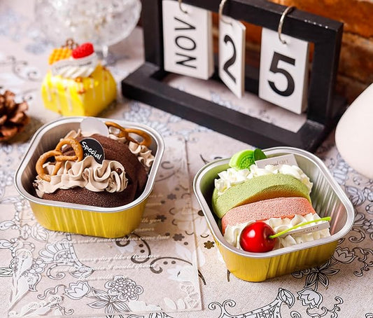 50 Pack Mini Cake Pans with Lids and Spoons Aluminum Foil Pans Square Cake Tins for Bakery Party Wedding (Gold,10 oz)