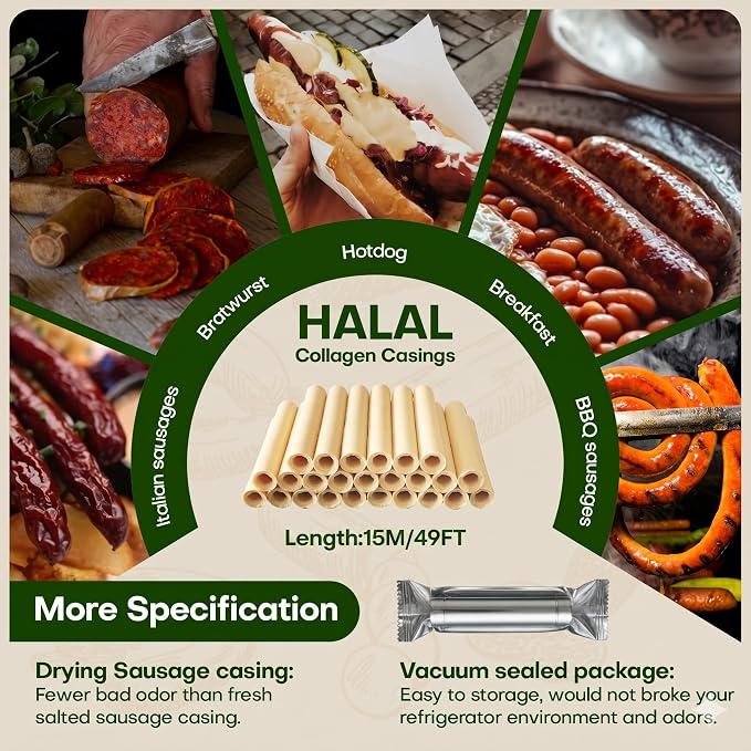 VONSYONG HALAL Sausage Casing, Grade A Edible Drying Collagen Sausage Casings for Flavorous Homemade Sausages 15m/49ft,Diameter 28mm/ 1 1/8'',1 Roll