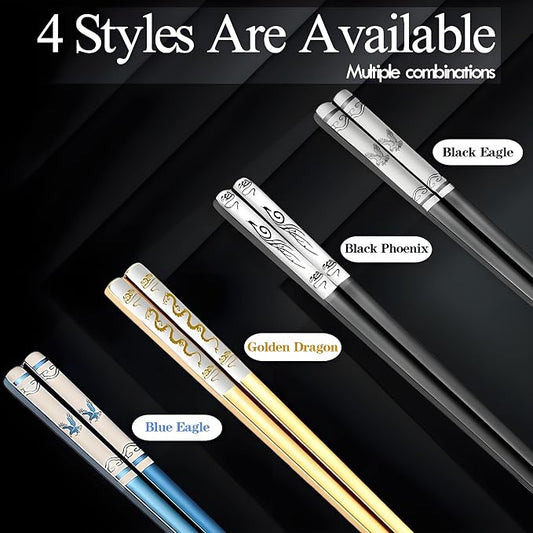 Portable Chopsticks, Reusable Metal Stainless Steel, Black Eagle | 1 Pair, Travel Chopsticks with Case, Titanium Plated, Dishwasher Safe
