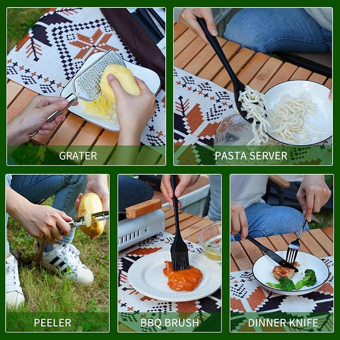 Wesqunie Silicone Cooking Utensils Set, Cookware Set for Outdoor Camping | Portable Camping Essentials, Stainless Steel Cookware Kit, Compact Storage for Camper, RV, Outdoor Picnic Grill Cooking