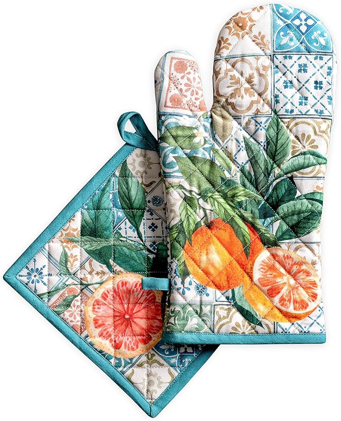 Maison d' Hermine 100% Cotton Oven Mitt & Pot Holder Set (7.5"x13" & 8"x8") | Heat Resistant BBQ Cooking Gloves with Loop Baking Grilling Kitchen Hotel Home Farmhouse Spring Summer - Agrume