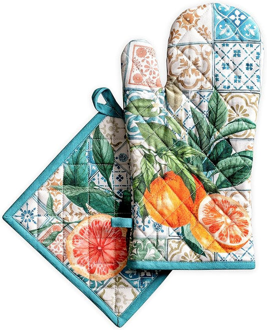 Maison d' Hermine 100% Cotton Oven Mitt & Pot Holder Set (7.5"x13" & 8"x8") | Heat Resistant BBQ Cooking Gloves with Loop Baking Grilling Kitchen Hotel Home Farmhouse Spring Summer - Agrume