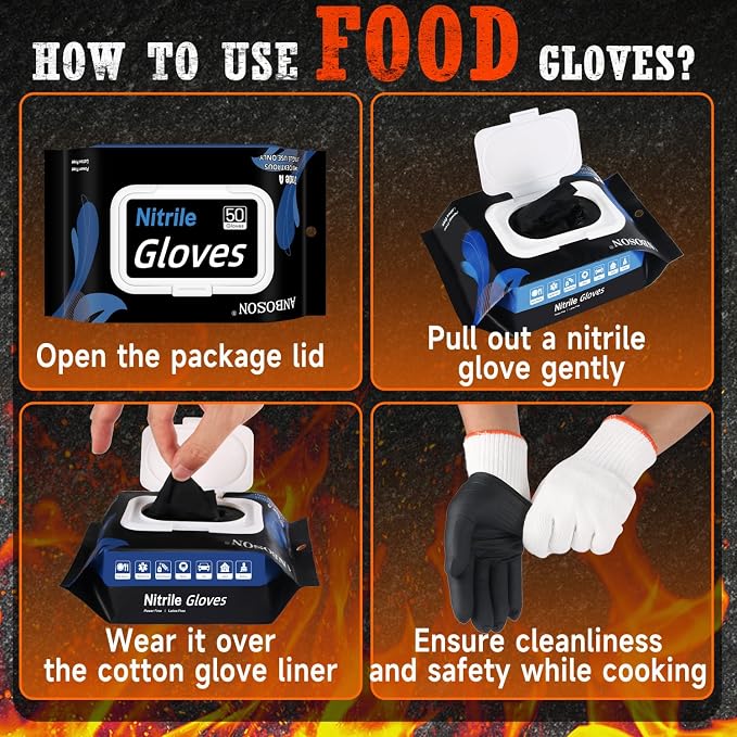 ANBOSON BBQ Gloves,Disposable BBQ Gloves Heat Resistant Cooking | 50 Disposable Nitrile Gloves with 2 Reusable Cotton Liners, Powder Free, Latex Free for Smoking,Grilling,Cooking,Food Prep