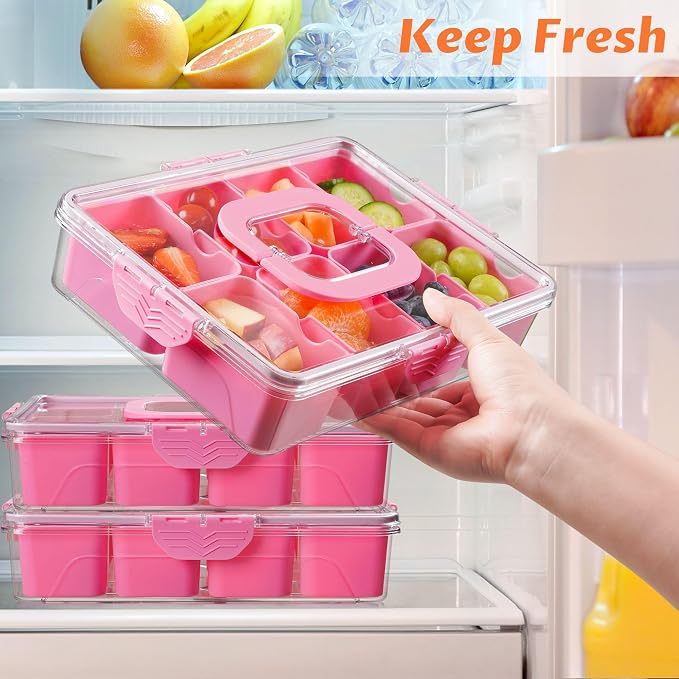 Snackle Box Container Dishwasher Safe Divided Serving Tray with Lid Handle | Charcuterie Board for Portable Snack Platters, Organizer for Fruits Snacks, Perfect for Road Travel - Pink
