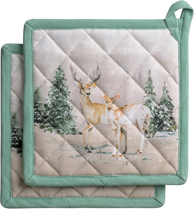 Maison d' Hermine Pot Holders 100% Cotton Potholders (8" x 8", Pack of 2) | Heat Resistant Hot Pads with Loop BBQ Cooking Baking Kitchen Handling Hot Pans Thanksgiving Christmas - Deer In The Woods