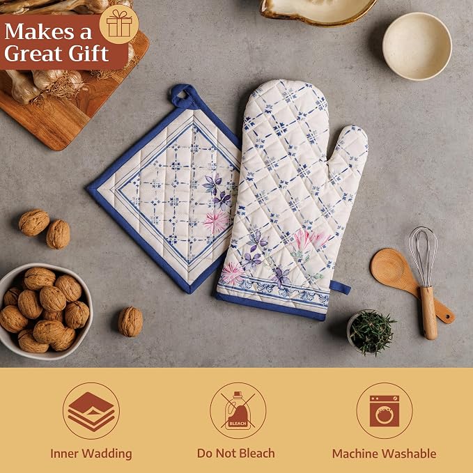 Maison d' Hermine 100% Cotton Oven Mitt & Pot Holder Set (7.5"x13" & 8"x8") | Heat Resistant BBQ Cooking Gloves with Loop Baking Grilling Kitchen Hotel Home Farmhouse Spring Summer - Faience