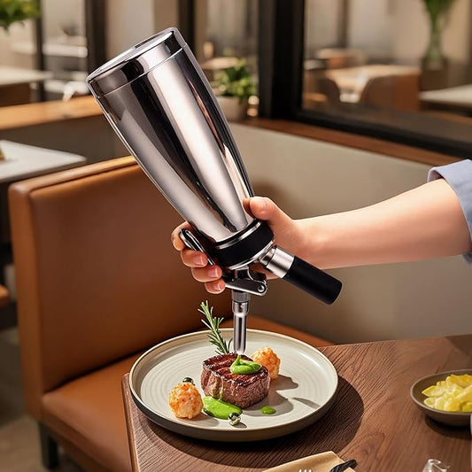 Whipped Cream Dispenser Stainless Steel Keep Warm and Cold,500mL/1 Pint Double Wall Thermos Whipped Cream Maker,5 Various Stainless Decorating Nozzles,1 Cleaning Brush,N2O Chargers NOT Included