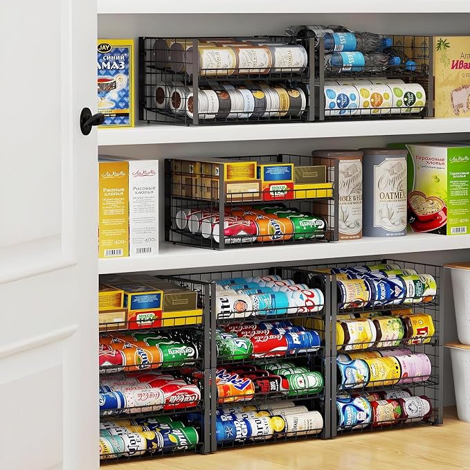 JKsmart 2-Tier Stackable Can Rack Organizer for Pantry, Adjustable Can Dispenser Holds Up to 60 Cans, Can Storage Holder for Various Ounces of Canned Food Soda Drinks, Black, 2 Pack
