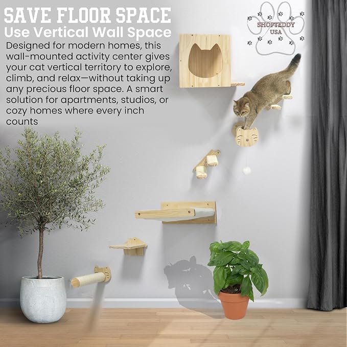 Wall Climber Set – Mounted Shelves and Climbing Bridge for Active Indoor Pets – 6-Piece Furniture Set