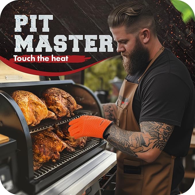 KITCHEN PERFECTION Silicone Smoker BBQ Gloves - Heat Resistant Oven Mitts | Waterproof, 5-Finger Design For A Better Grip, for Pitmasters, Meat Smoking, Grilling, Cooking, Frying Turkey | Grill Gift