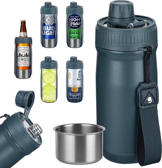 5 In 1 Beer Can Cooler Bottle Holder with Drinking Spout Lid for 12oz Regular, Slim Skinny Cans Bottles,Sealed Insulated Double Wall Vacuum Stainless Steel Can Keeps Your Drinks Cold(Blue)