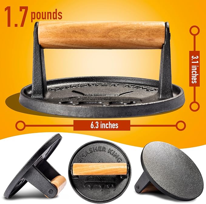 SMASHER KING™ - Smash Burger Press - Cast Iron Burger Smasher | Hamburger Patty Maker - Smash Burger Kit With 25 Sheets Of Paper - Grill Press And Steak Weight And Heavy Meat Smasher