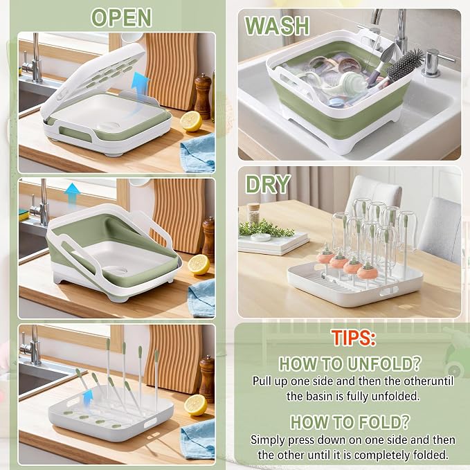 Yecuip Collapsible Baby Bottle Wash Basin w/Drying Rack & Drain Plug, Green | 2.4 Gallon Foldable Dish Tub w/Handles,Portable RV Camping Sink & Space-Saving Wash Bin with Lid for Kitchen,Travel & Outdoor