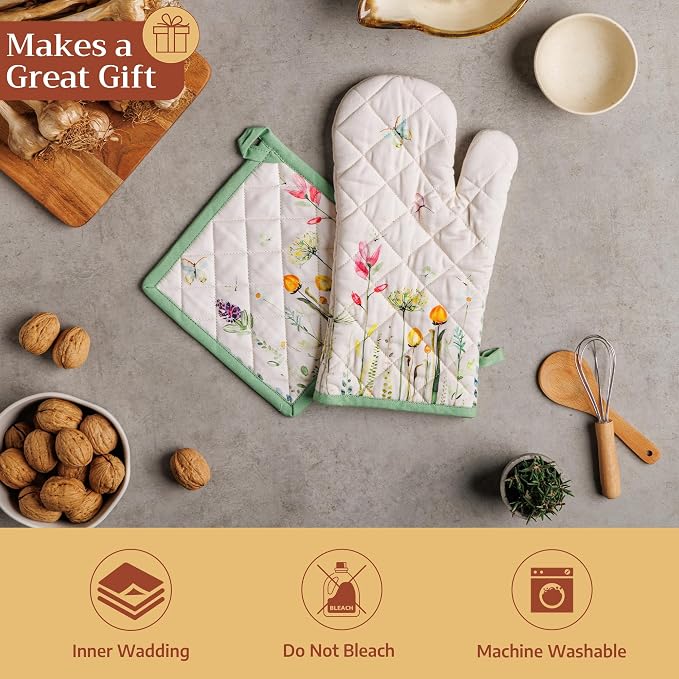 Maison d'Hermine Oven Gloves 100% Cotton Oven Mitt (7" x 13", Pack of 1) | With Loop Heat Resistant BBQ Cooking Gloves Baking Grilling Kitchen Handling Hot Pans Spring Summer - Botanical Fresh
