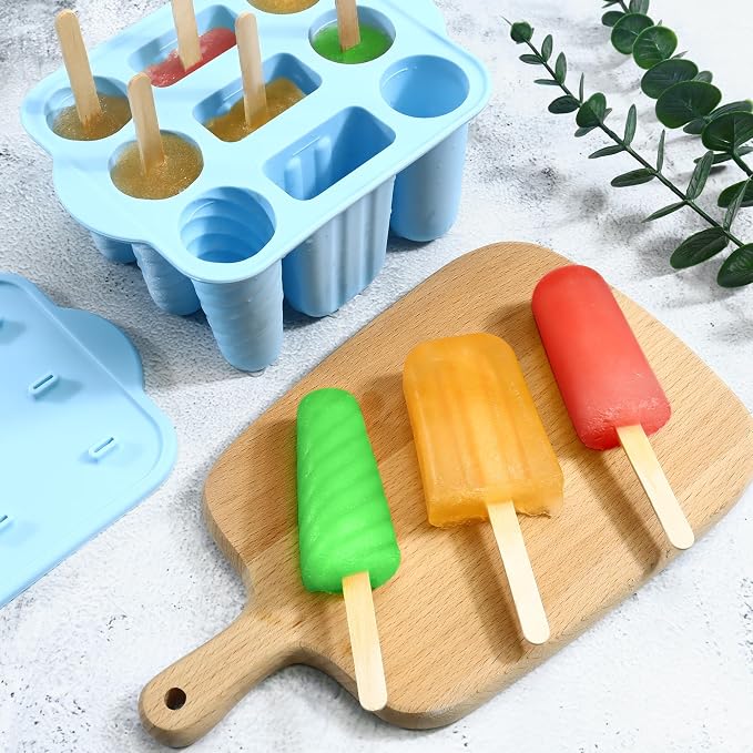 9 Cavity Popsicles Molds with 50pcs Wooden Sticks, Silicone Popsicle Mold, BPA Free Popsicle Maker Molds, Reusable Homemade Ice Pop Mold, Easy-Release Ice Cream Mold for Kids Adult DIY Ice Pops（Blue）
