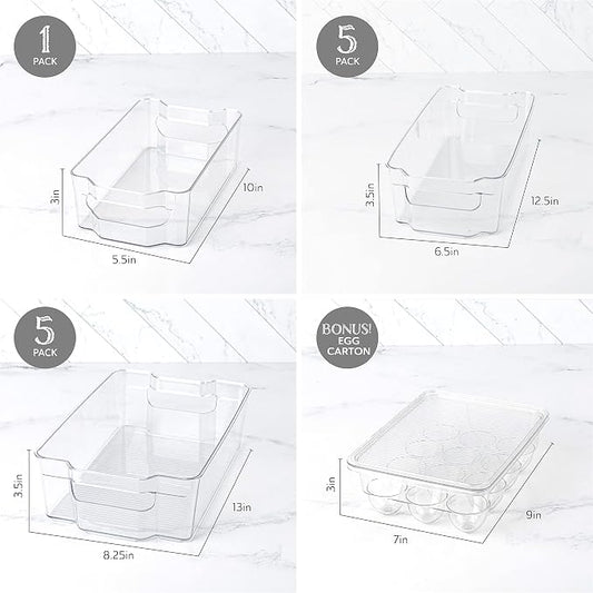 Oizeir Refrigerator Organizer Bins - Clear Plastic, Stackable, Narrow and Wide Bin Sizes, Egg Tray with Lid. Great Storage for Fridge, Cabinets, Countertops and Pantry. (Set of 12)