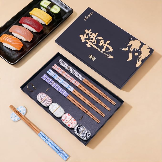 Antner 5 Pairs Reusable Bamboo Chopsticks and 5PCS Ceramic Rests Set, 8.8 Inch Classic Japanese Style Chopsticks with Holders for Sushi Ramen Asian Cuisine, Non-Slip, Black Elegant Gift Box