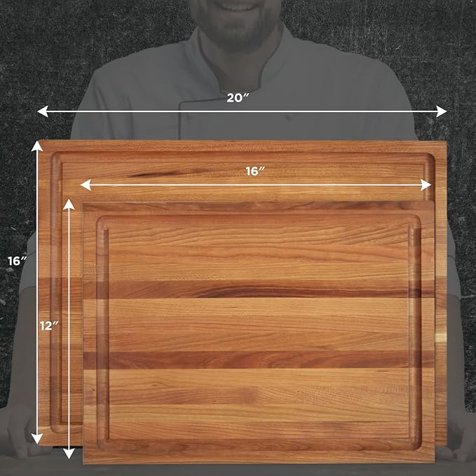 20" Classic Cherry Reversible Cutting Board with Juice Groove | 20-Inch Reversible Cherry Cutting Board with Deep Juice Groove and Side Handles for Chopping, Carving, and Serving