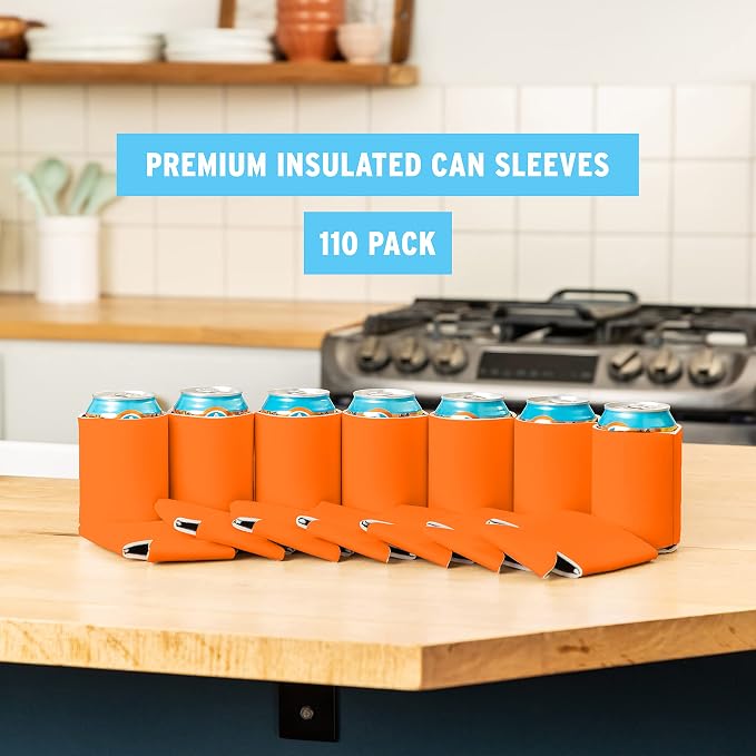 Blank Beer Can Cooler Sleeves (110-Pack) Soft Insulated Beer Can Coolies - HTV Friendly Blank Koolies in Bulk for Cans & Bottles - Coolie Blanks for Vinyl Projects & Wedding Favors (Orange)