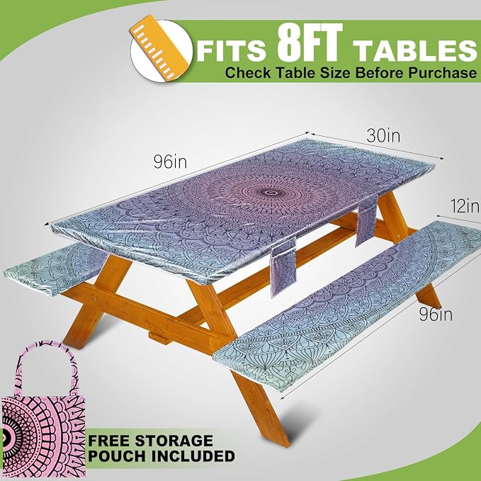 Wrakus Picnic Table Cover with Bench Covers Vinyl Elastic Edges Fitted Rectangle Seat Tables Waterproof 3-Piece96X30in Set Outdoor Rectangular Folding Backing Tablecloth for Camping Over Size