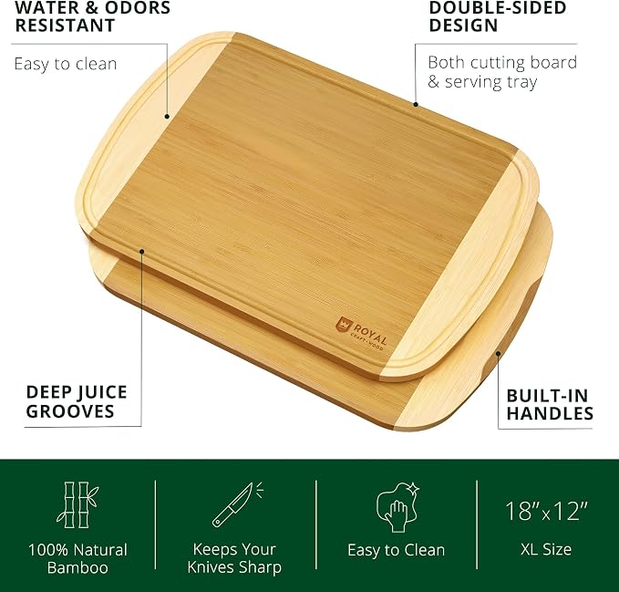 ROYAL CRAFT WOOD Wooden Cutting Boards for Kitchen Meal Prep & Serving - Bamboo Wood Serving Board Set with Deep Juice Groove Side Handles - Charcuterie & Chopping Butcher Block for Meat