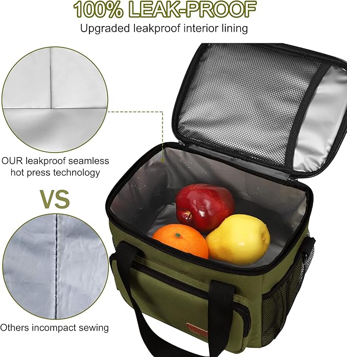 Lunch Bags for Women/Men, Insulated Lunch Bag for Work Office Picnic - Large Lunch Cooler Bag Leakproof Lunch Box with Adjustable Shoulder Strap for Adults - Army Green