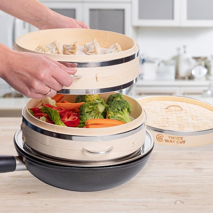 Bamboo Steamer 10 Inch - Dumpling Steamer Basket 2 Tier, Bamboo Steamers For Cooking Dumplings, Bao Bun, Dim Sum, Rice Potsticker & Veggie Food Steaming Basket with Steel Rims, Handles & Accessories