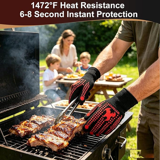 BBQ Gloves Heat Resistant 1472°F, Long Cuff Aramid Fiber Oven Mitts with Non-Slip Silicone, Grilling Gifts for Men, Dad, Husband, Smoker and Kitchen Cooking, Black/Red