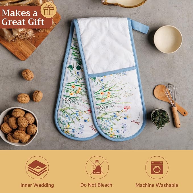 Maison d' Hermine Double Oven Mitts 100% Cotton Double Oven Glove (7"x35") | Heat Resistant BBQ Cooking Gloves with Loop Baking Grilling Kitchen Hotel Home Farmhouse Spring Summer - Fleurs De Mai