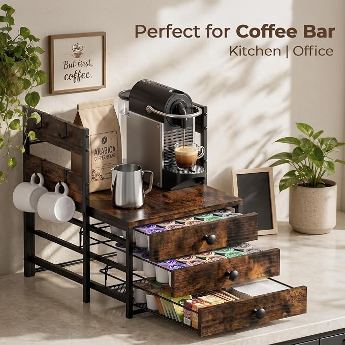 K Cup Holder Organizer for Countertop, 3-Drawer Coffee Pod Holder with 8 Removable Mug Hooks, Holds Up to 80 Pods, Coffee Station Organizer for Kitchen, Coffee Bar, Office