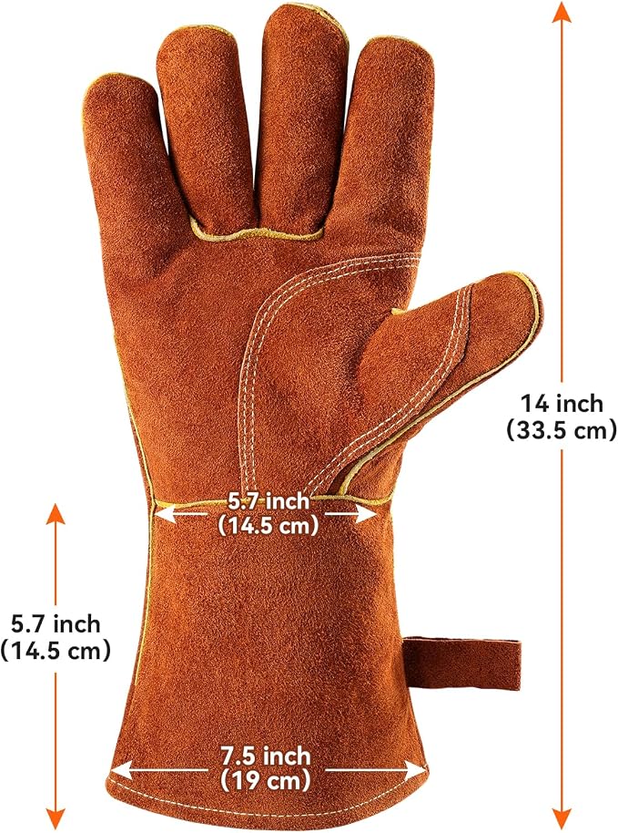 OZERO 932°F Heat Resistant Gloves: Welding Gloves Men Women, Brown, 14-Inch | 1.2 mm Split Cowhide, Reinforced Palm, Long Cuff, for MIG TIG Stick Forge BBQ Grill Fireplace Fire Pit Wood Stove Oven