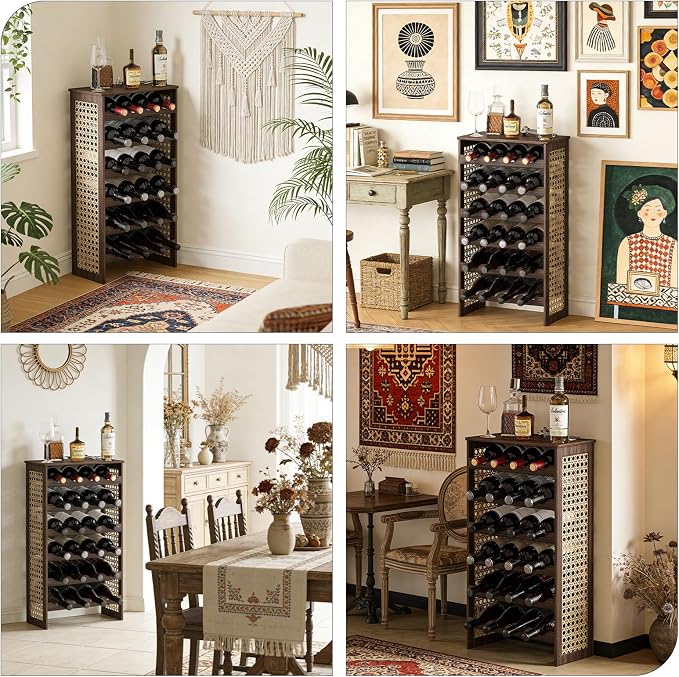 24 Bottle Wine Rack Freestanding Floor, Wine Bottle Holder, Boho Pine Wood & Rattan Mesh Wave Design, for Kitchen Bar Cellar Storage, 16.5" x 9.1" x 29.5"