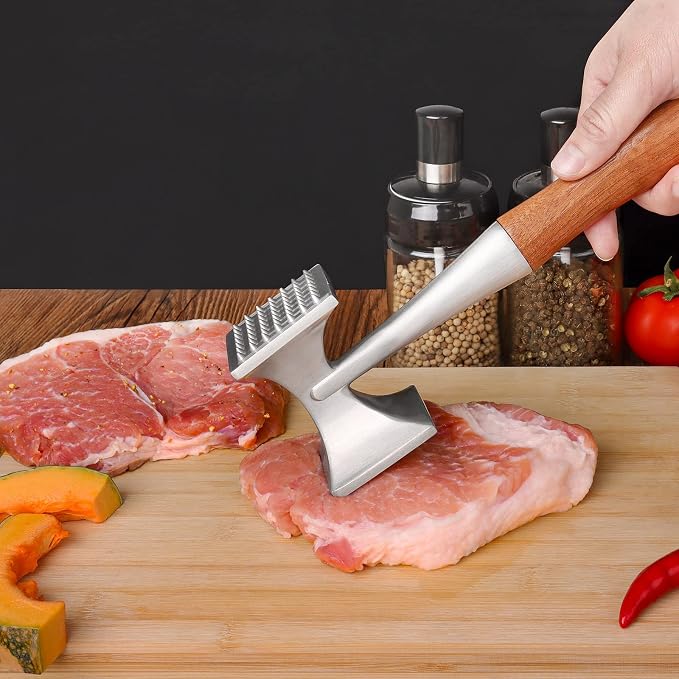 Meat Tenderizer, Meat Hammer, Heavy Duty Steak Hammer with Wooden Handle and Food-Grade Zinc Alloy, 2 in 1 Meat Mallet, 26 CM