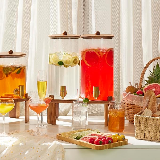 FavorFlavor 1.5 Gallon Drink Dispenser: 2P Glass Dispenser w/Wood Stand | 6L large Capacity-Stainless Steel Spigot-Beverage Container for Lemonade/Juice/Sun Tea-Ideal for Home Gatherings&Party Drink