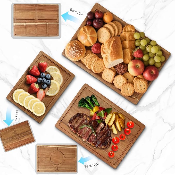 3 PCS Acacia Wood Cutting Boards for Kitchen With Wooden Storage Stand | Thick Chopping Boards, Deep Juice Grooves, Grip Handle, Non-slip Heavy Duty Charcuterie Board for Meat, Cheese and Vegetables