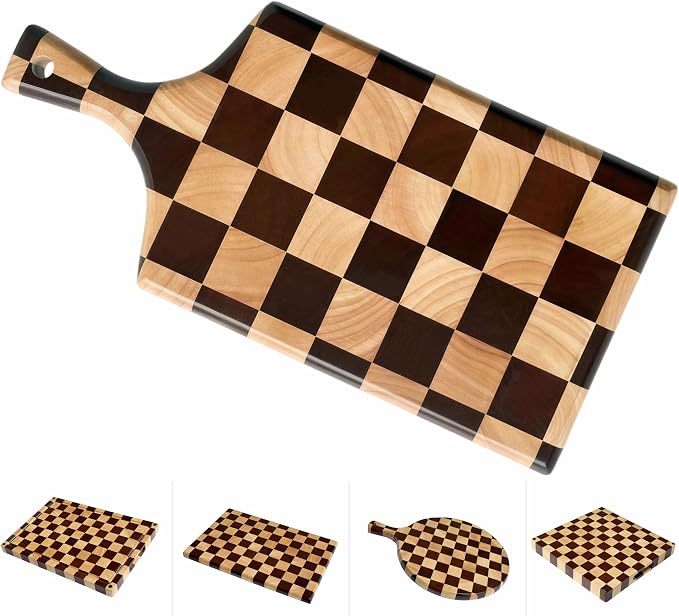 Checkered Wooden Cutting Board with Handle | 15" x 7" x 1" Thick | Acacia & Rubber Wood | Cheese & Charcuterie Serving Board | Meat, Bread, Fruit & Vegetable Prep