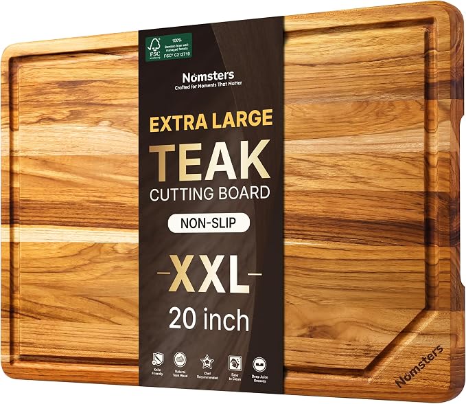 20'' Extra Large Teak Cutting Board Kitchen Non Slip Wood Butcher Block | Wooden Chopping Board, Heavy Duty, Over Sink, Solid Thick, Meat, Non Toxic, Extra Large, Juice Groove, Best Kitchen Gift